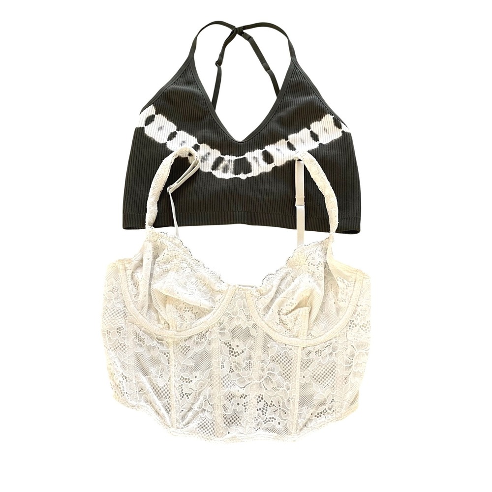 Aerie Bralette & Lace Corset‎ Top Bundle Womens Small Olive Green White Boho 2pc